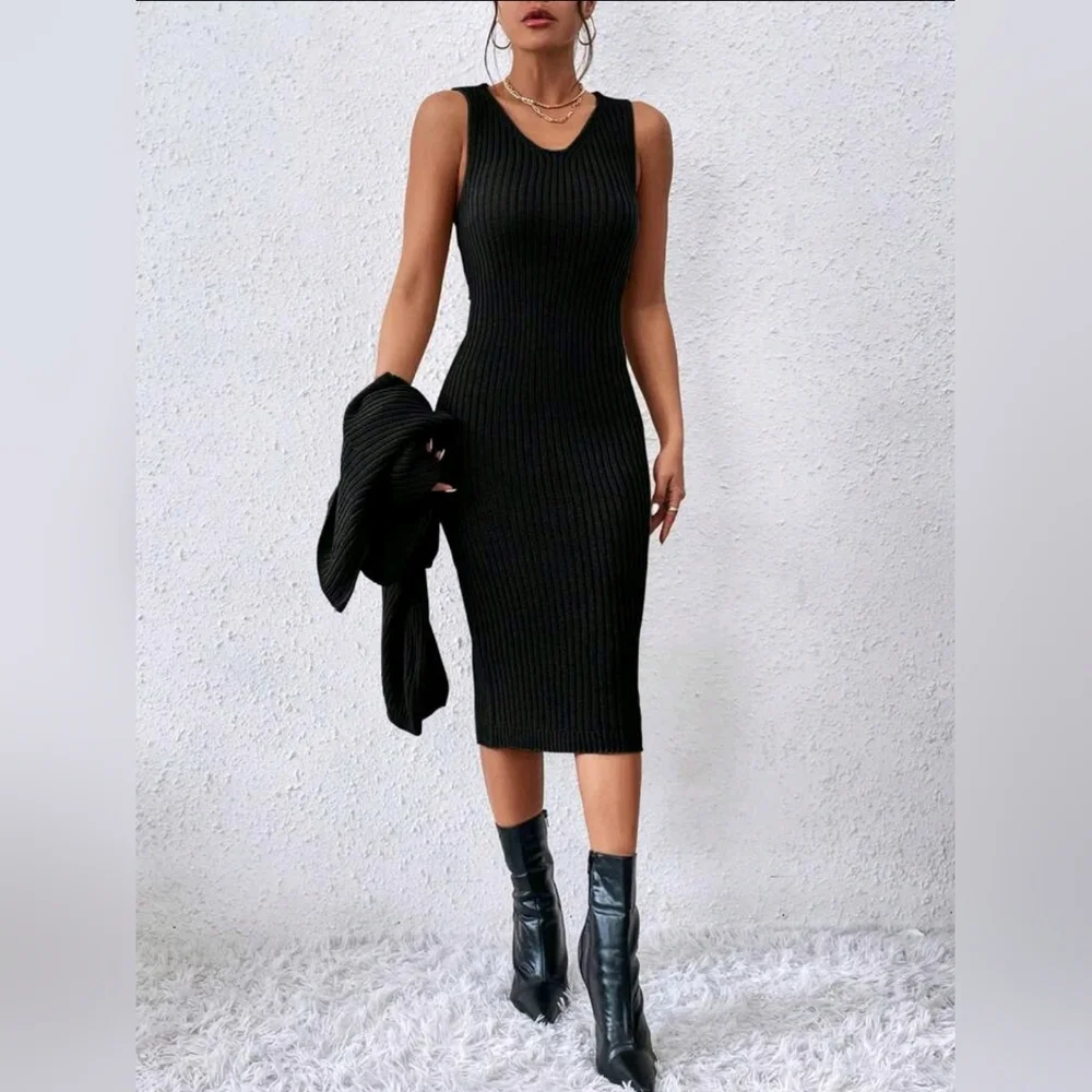 New Chic 2 Piece Ribbed Sweater Dress Black Two Piece Set - Picture 3 of 8